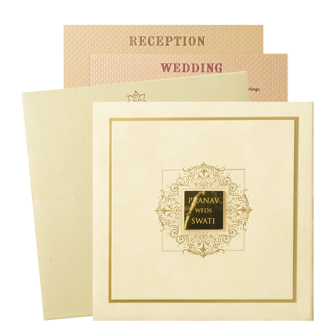 Cream Square Emblem Padded Wedding Card-KMMWD1162