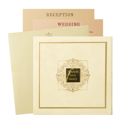 Cream Square Emblem Padded Wedding Card-KMMWD1162