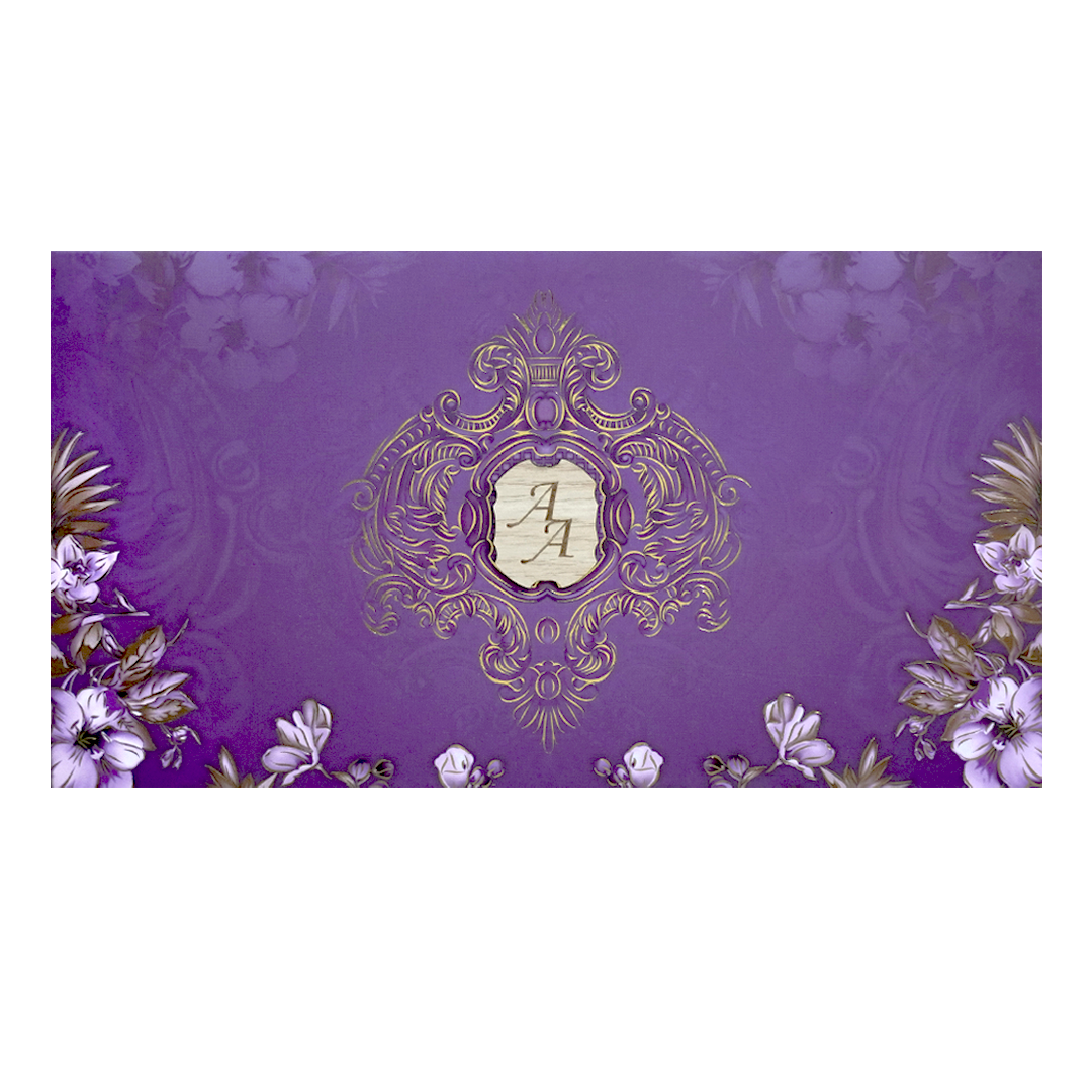 Purple Gold Monogram Floral Padded Wedding Card - KVN07450