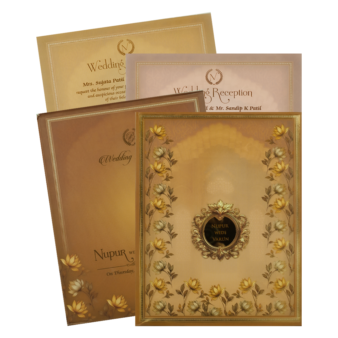 Brown Floral Frame Padded Wedding card-KRE28010