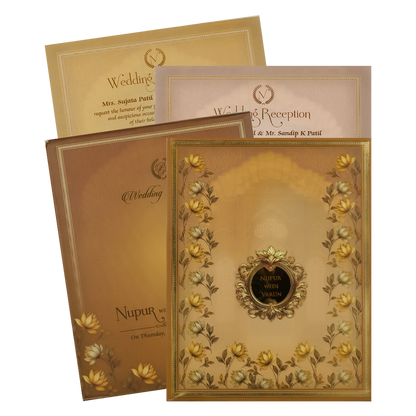 Brown Floral Frame Padded Wedding card-KRE28010