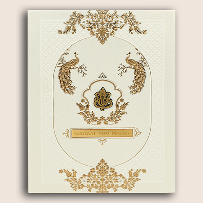 Cream Embossed Peacock Floral Padded Wedding Card - KRE29160