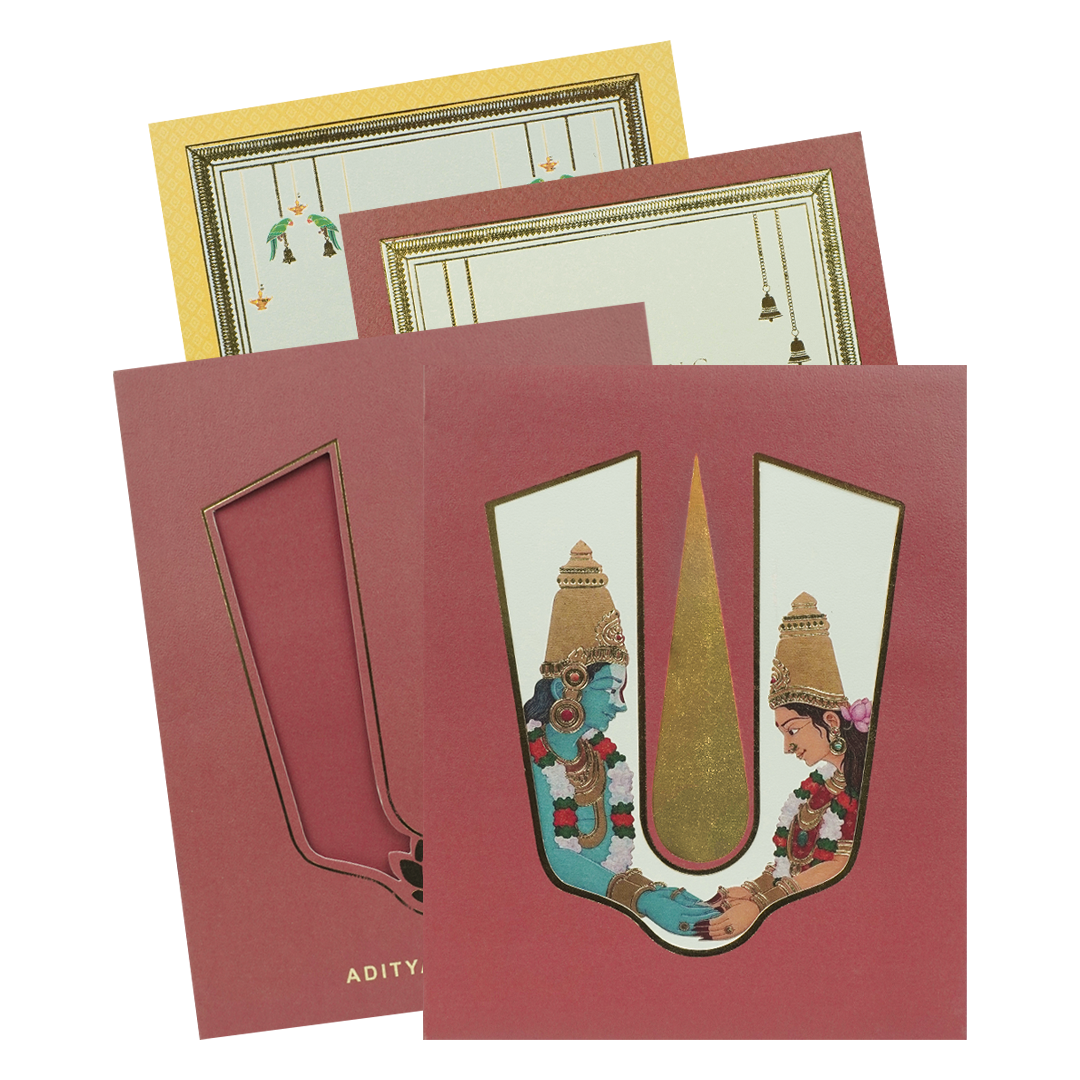 Maroon Gold Vaishnav Tilak Padded Wedding Card-KBM05120