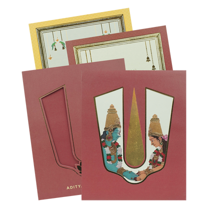Maroon Gold Vaishnav Tilak Padded Wedding Card-KBM05120