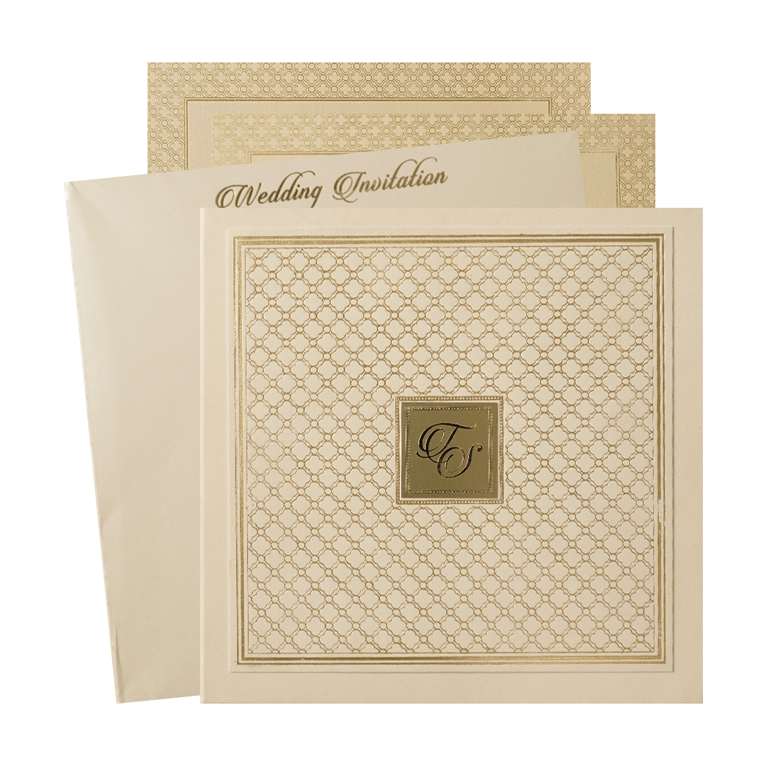 Cream Gold Square Pattern Padded Wedding Card-KMMWD1155