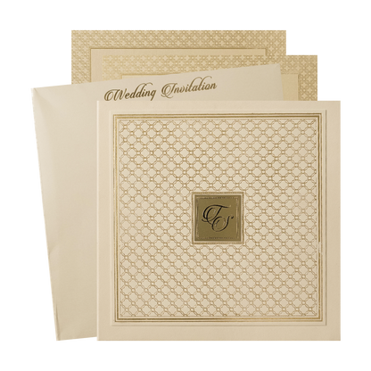 Cream Gold Square Pattern Padded Wedding Card-KMMWD1155
