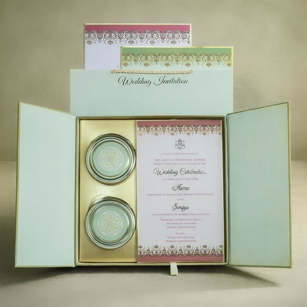 Green Emblem Wedding Invitation Box-KMMEX8390