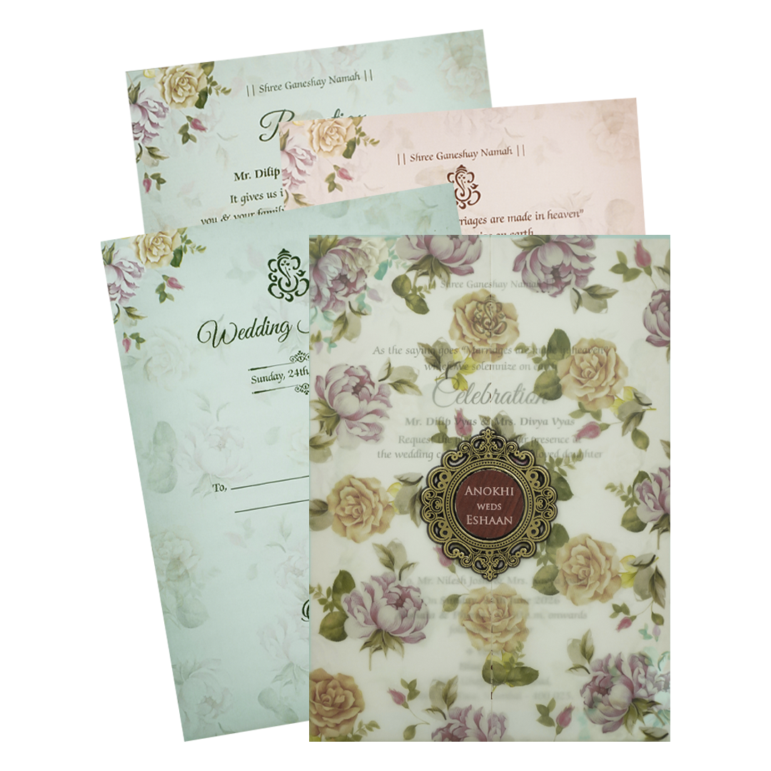 Check out Vellum Floral Wedding Card at best price.✅WhatsApp Support ✅Express Delivery.|King of cards.