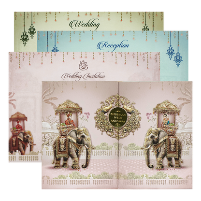 Pink Gold Elephant Theme Padded Wedding Card-KRB09210