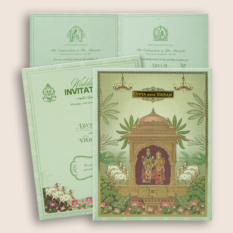Green Floral Lord Balaji Padmavathi Wedding Card-KNKJ1158