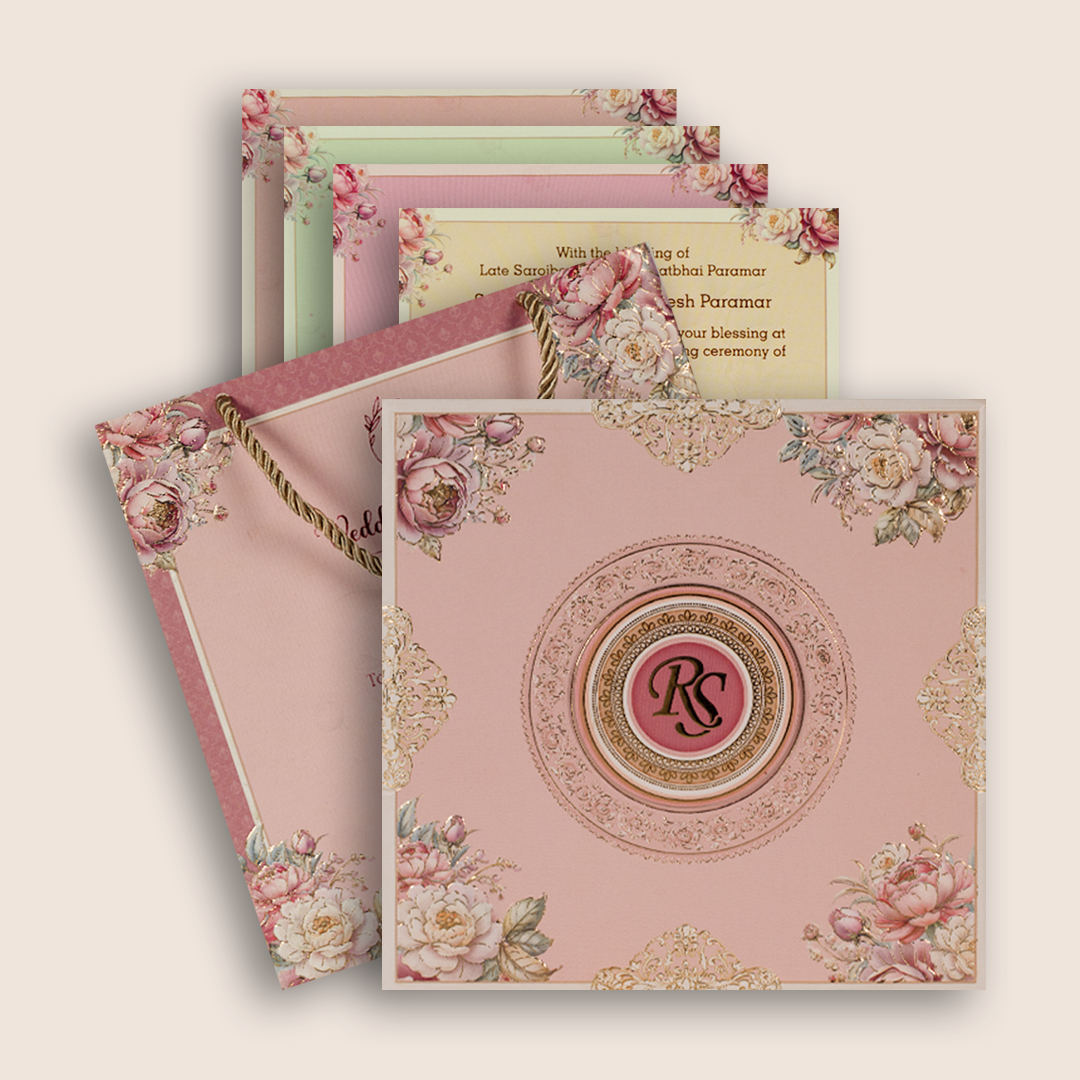 Pink Embossed Floral Luxury Wedding Invitation Box - KSI32770