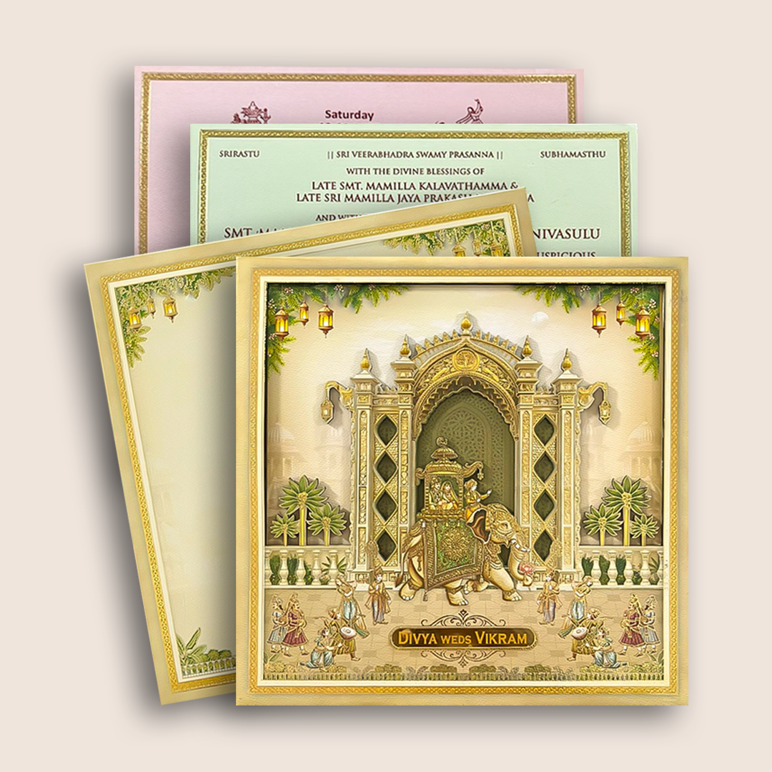 Beige Palace Elephant Padded Wedding Card - KNAM4905