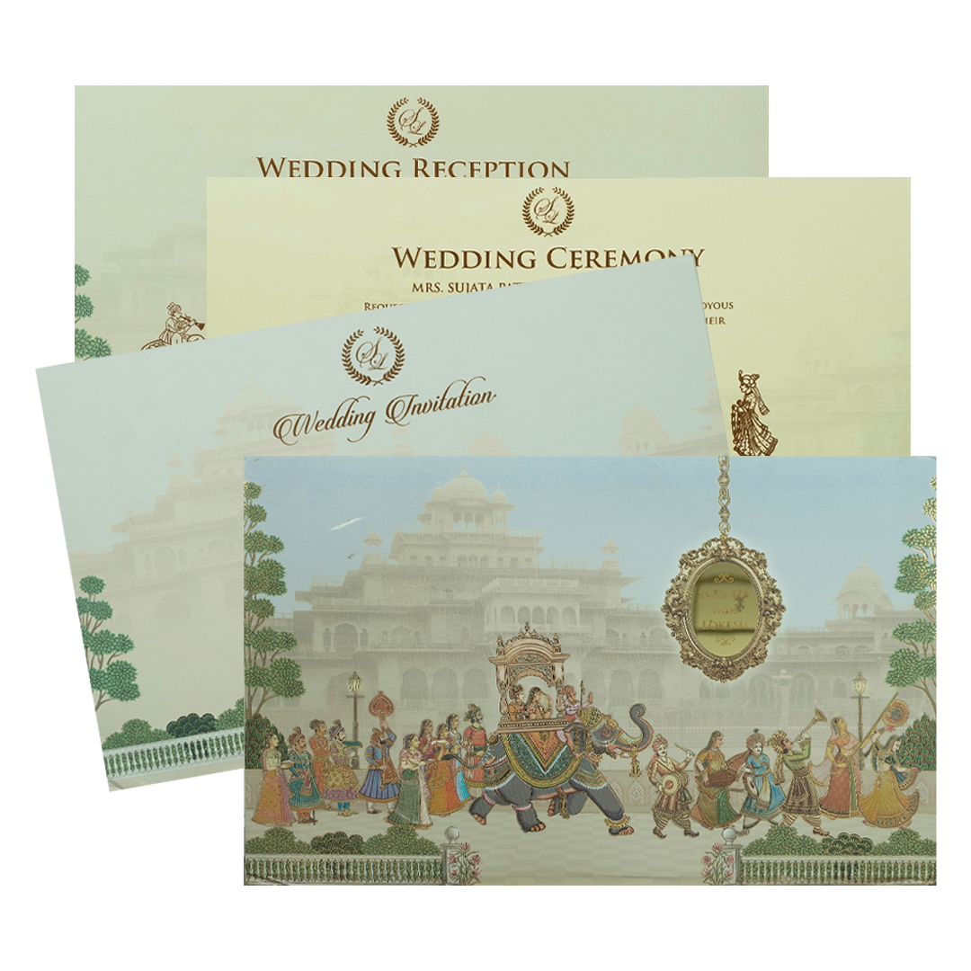 Check out Royal Palace Elephant Procession Padded Wedding Card at best price.WhatsApp Support|Express Delivery.