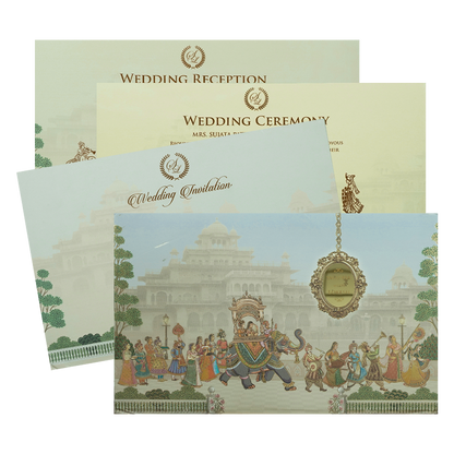Check out Royal Palace Elephant Procession Padded Wedding Card at best price.WhatsApp Support|Express Delivery.