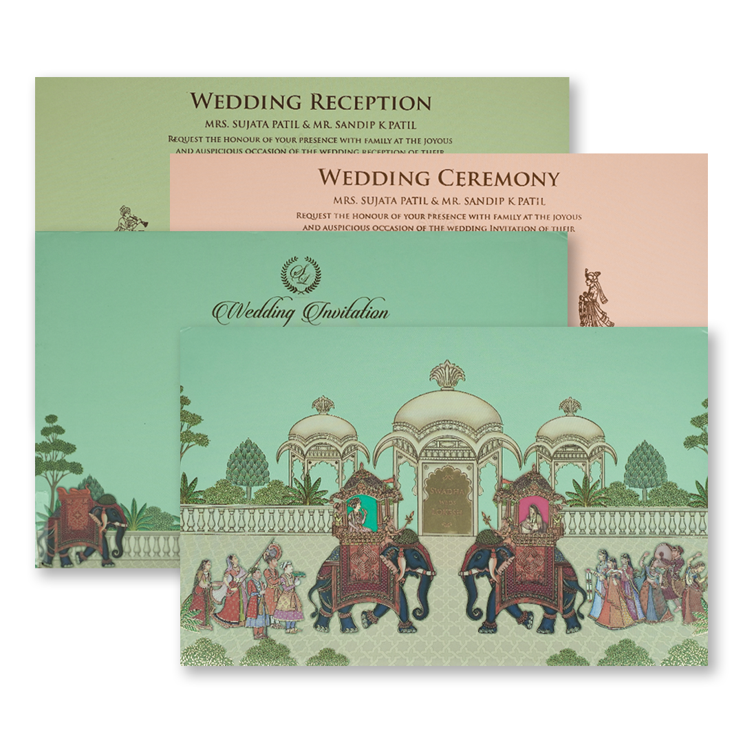 Check out Mint Green Palace Elephant Padded Wedding Card at best price.WhatsApp Support|Express Delivery.