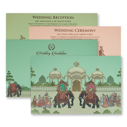 Check out Mint Green Palace Elephant Padded Wedding Card at best price.WhatsApp Support|Express Delivery.
