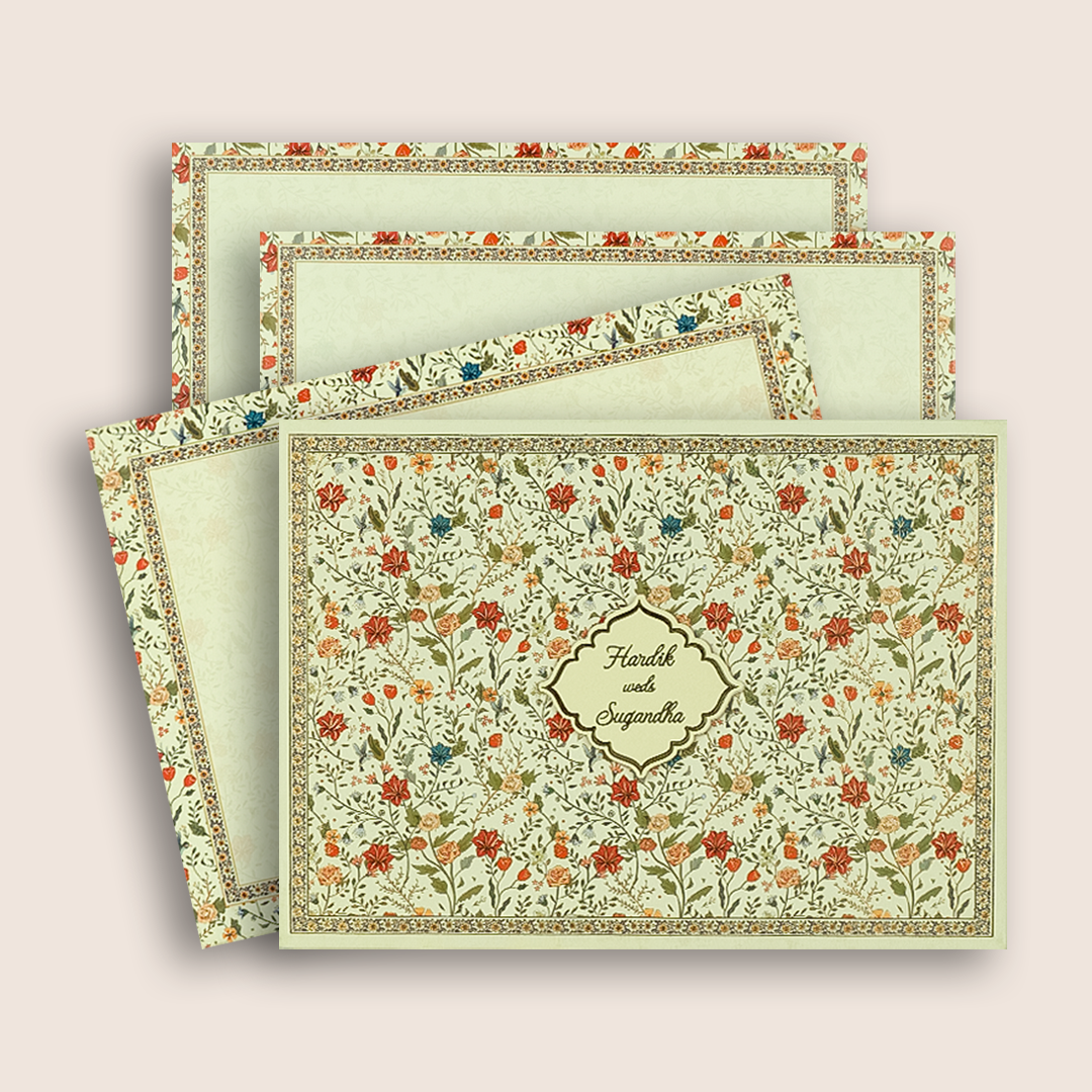 Cream Floral Colourful Padded Wedding Card - KAA05470