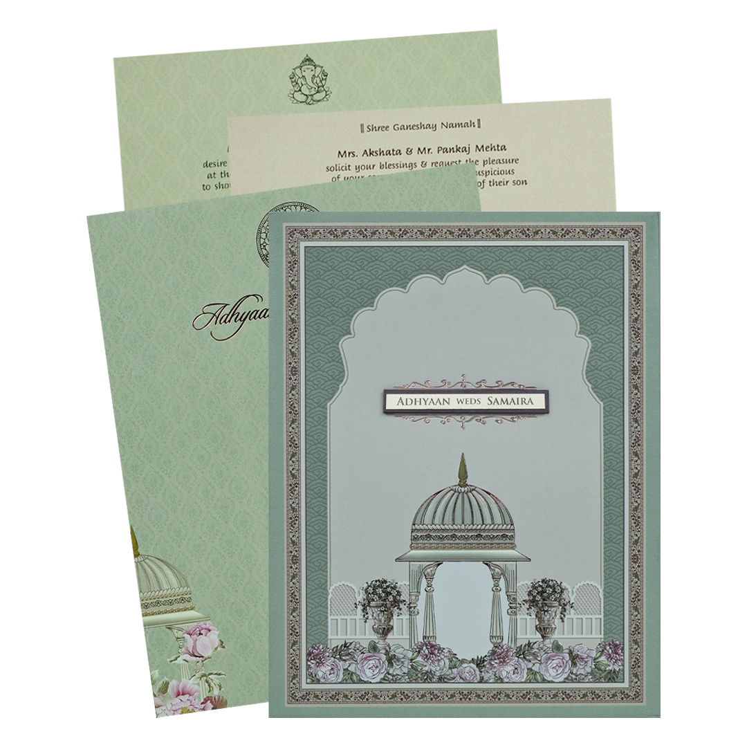 Grey Padded Floral Palace Wedding Card-KRC31040