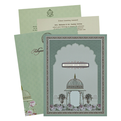 Grey Padded Floral Palace Wedding Card-KRC31040