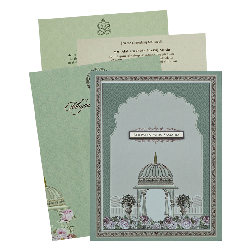 Grey Padded Floral Palace Wedding Card-KRC31040