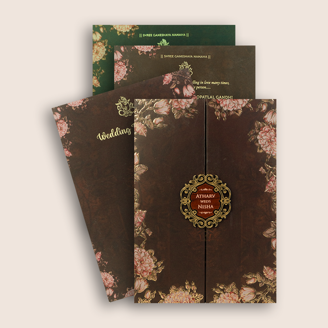 Brown Embossed Rose Floral Wedding Invitation - KVN07780
