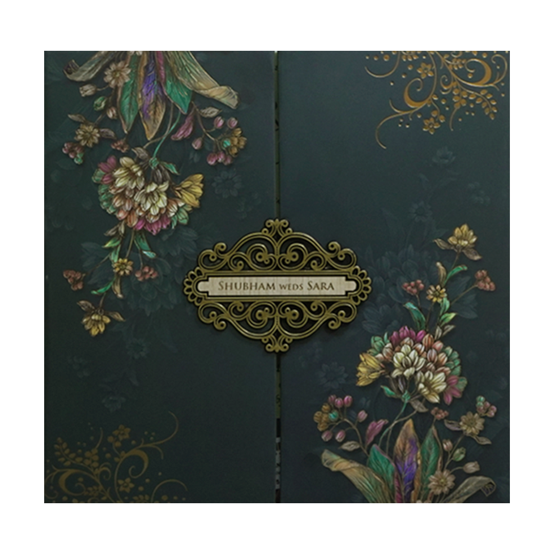 Green Floral Padded Wedding Card - KSH72810