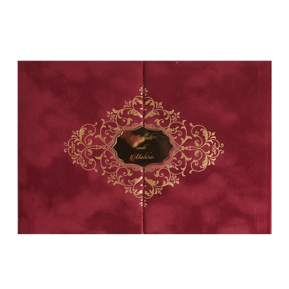 Maroon Gatefold Emblem Padded Wedding Card-KMMWD1164