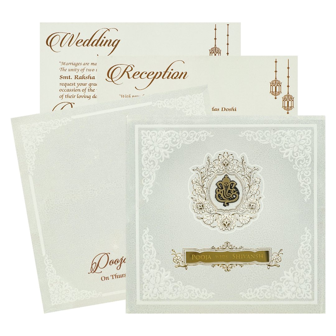 White Ganesha Floral Padded Wedding Card-KRE27580