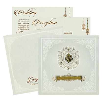 White Ganesha Floral Padded Wedding Card-KRE27580