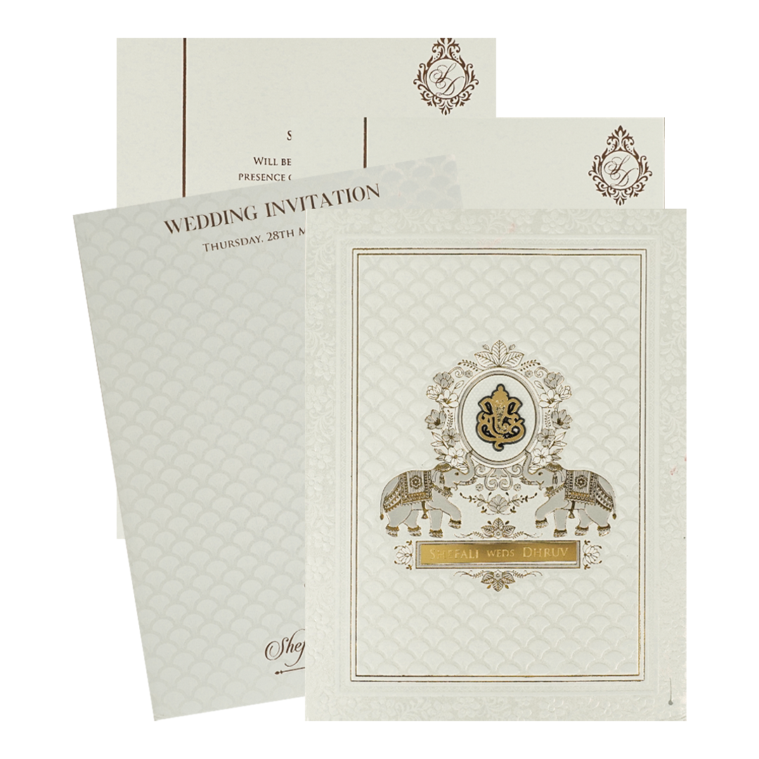 White Ganesha Embossed Padded Wedding Card-KRE28160