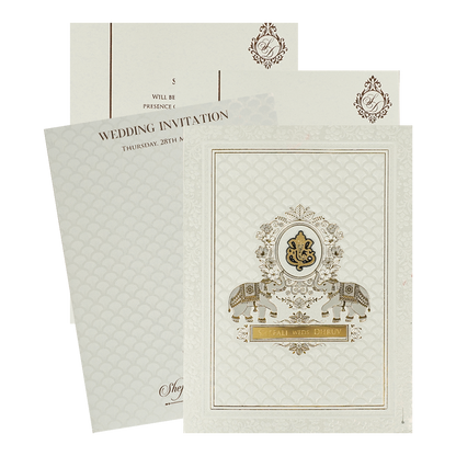 White Ganesha Embossed Padded Wedding Card-KRE28160