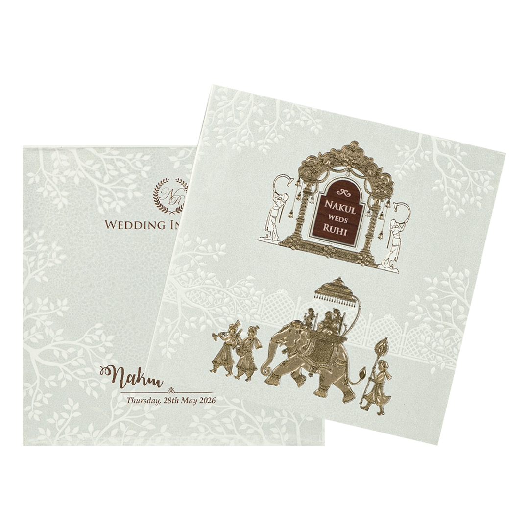 White Royal Procession Elephant Wedding Card-KRE28540