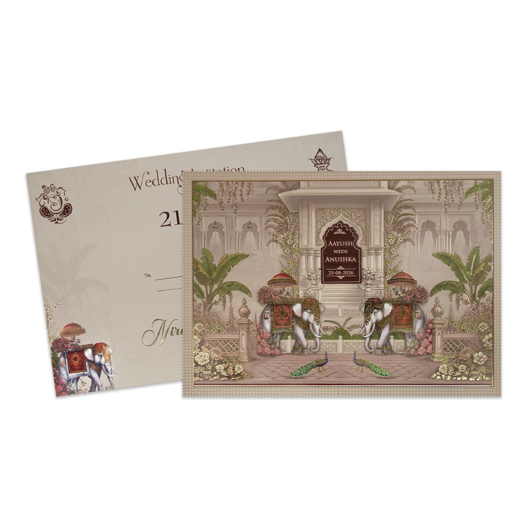 Beige Royal Elephant Padded Wedding Invitation - KSH72660