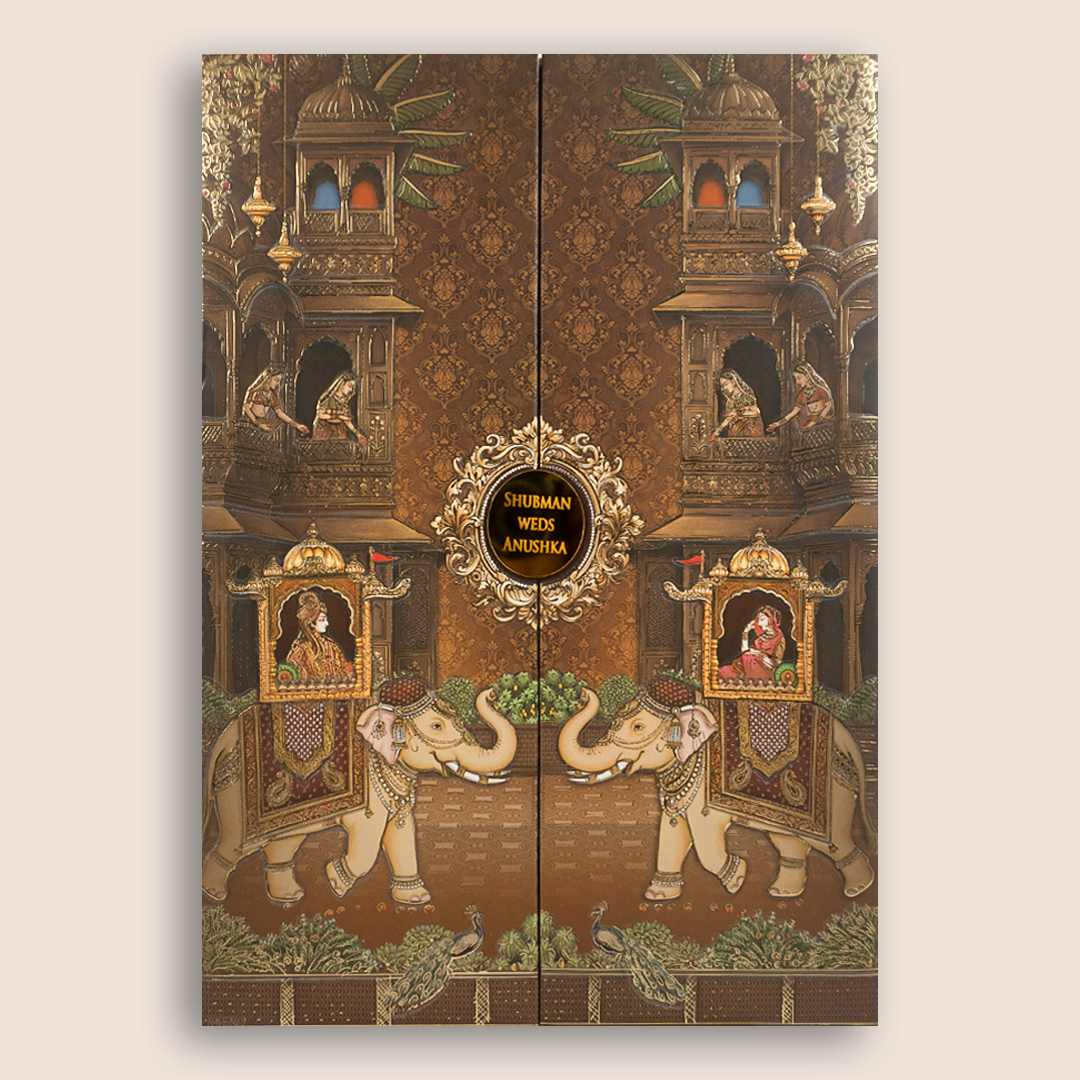 Brown Bride Groom Padded Door Style Wedding Card - KRB10710