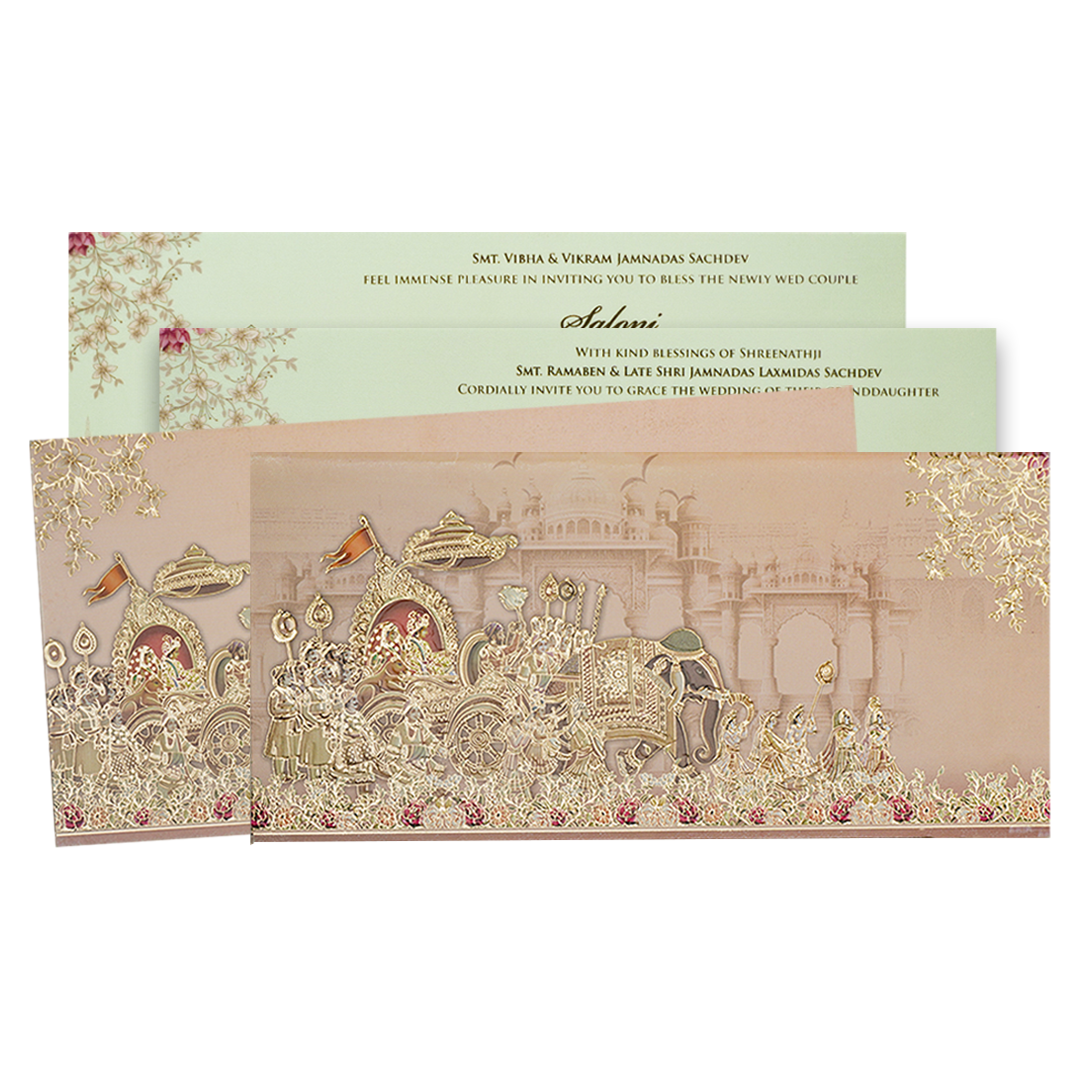Peach Bride Groom Baraat Palace Wedding Card - KPR06520