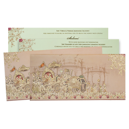 Peach Bride Groom Baraat Palace Wedding Card - KPR06520