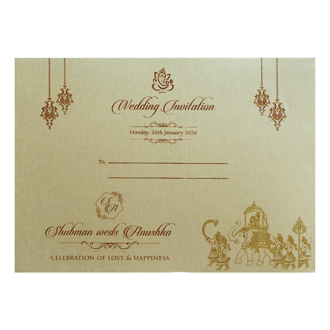 Royal Beige Embossed Gold Foil Wedding Invitation Card-KRB09780