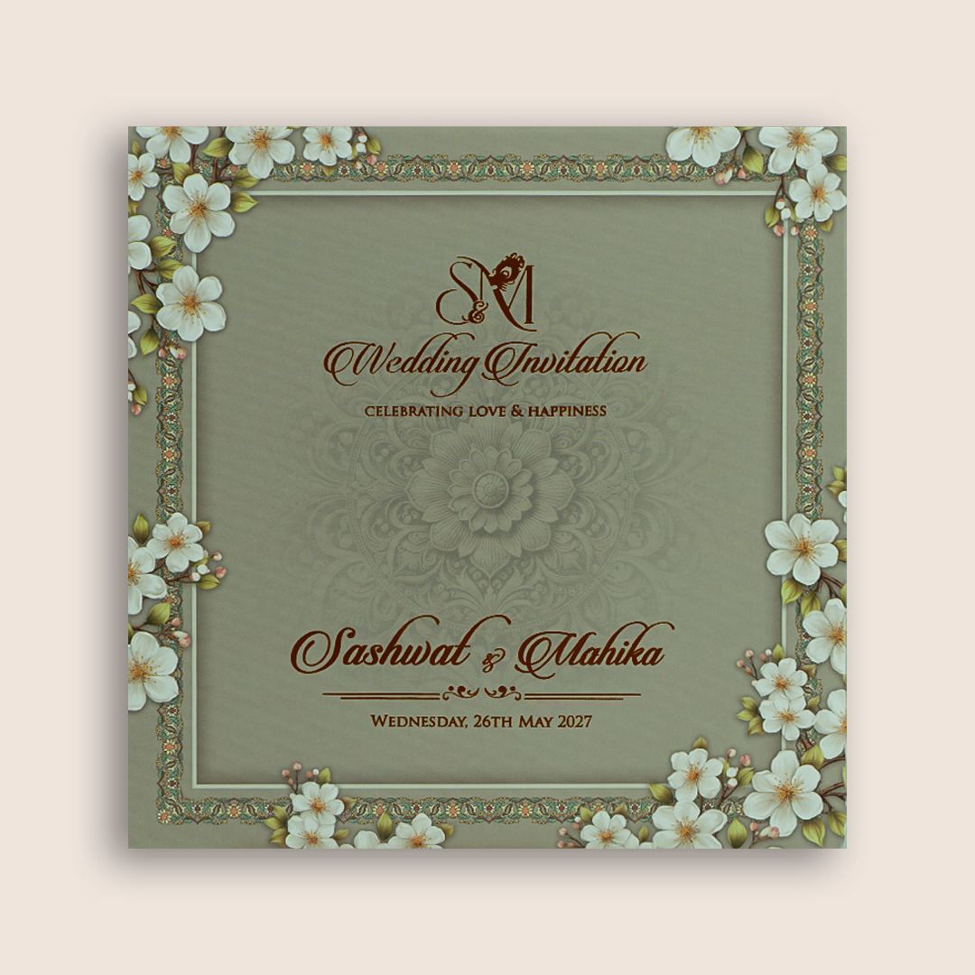 Olive Green Floral Padded Wedding Invitation Card - KRE29030