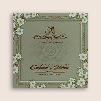 Olive Green Floral Padded Wedding Invitation Card - KRE29030