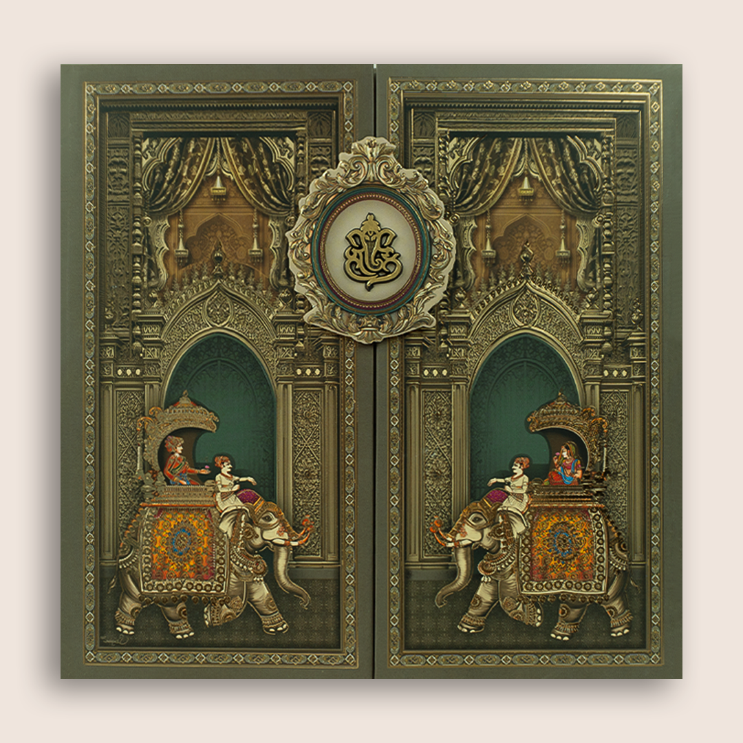 Grey Palace Elephant Door Style Padded Wedding Invitation - KRB10520