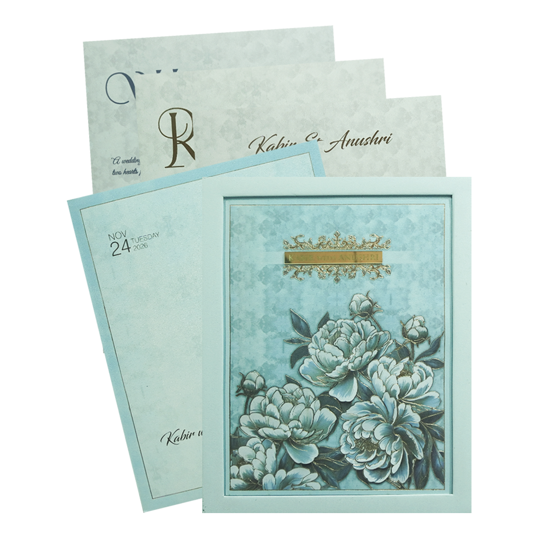 Blue Floral Luxury Wedding Invitation Card-KPR24750