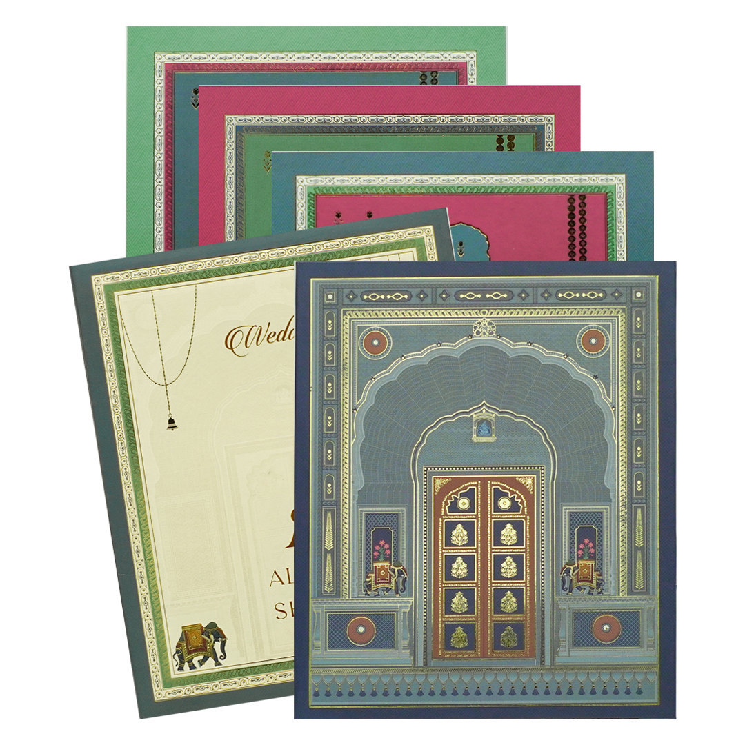 Blue Royal Arched Door Padded Wedding Card-KBM05130