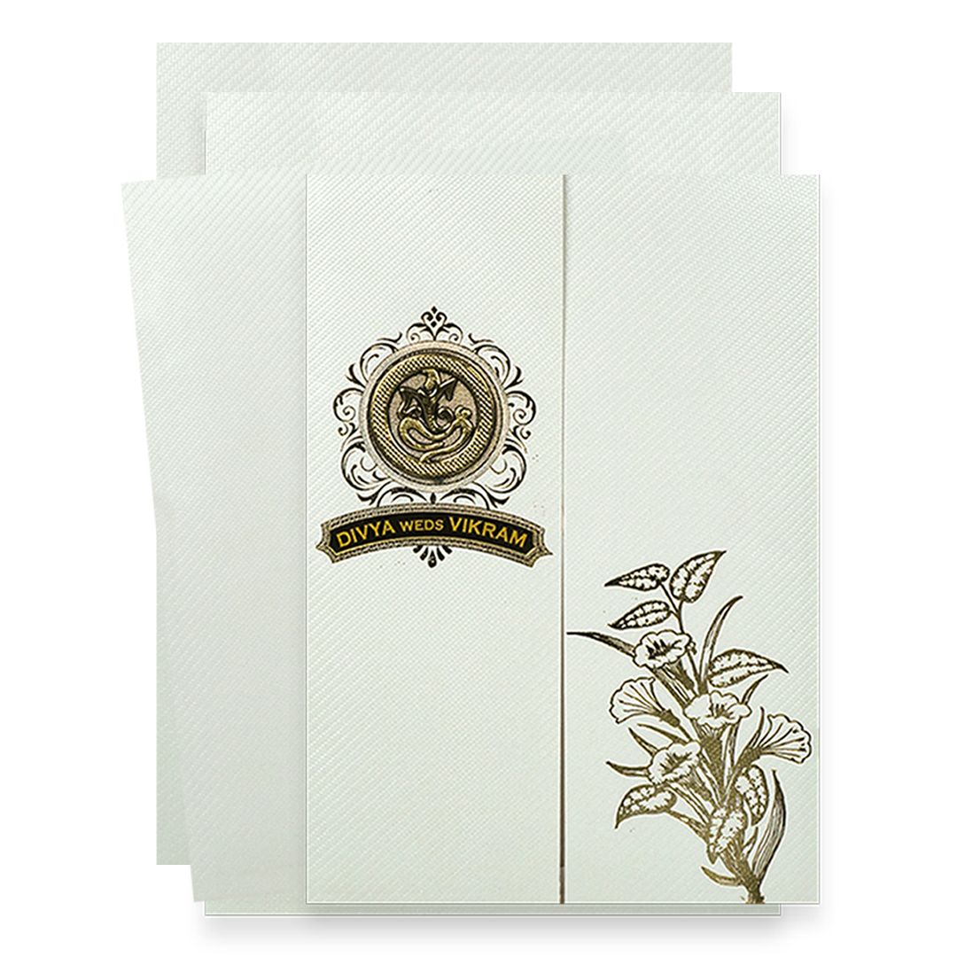 White Ganesha Floral Wedding Card-KNKTW047