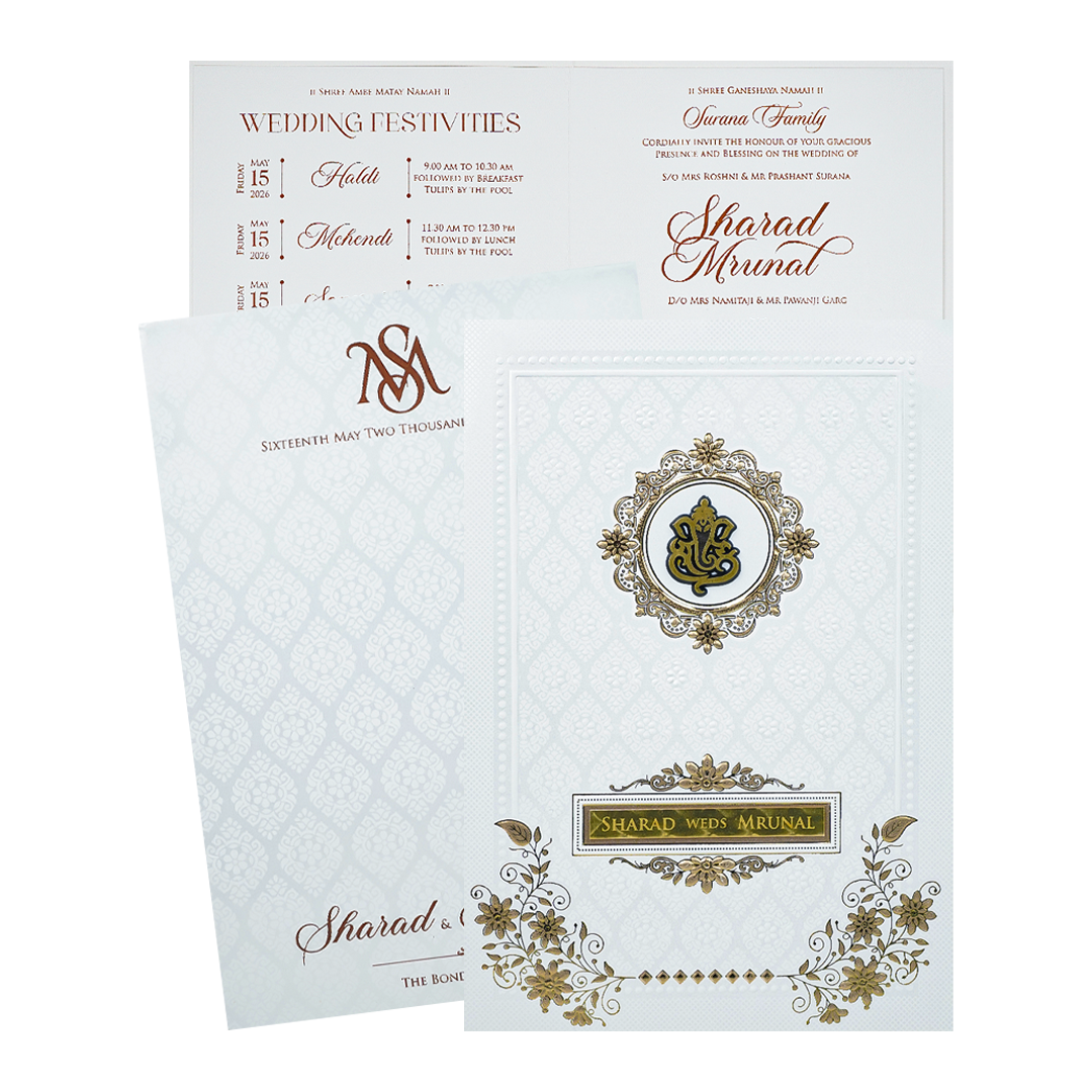 Check out White Ganesh Embossed Floral Wedding at best price.WhatsApp Support |Express Delivery|King of Cards.