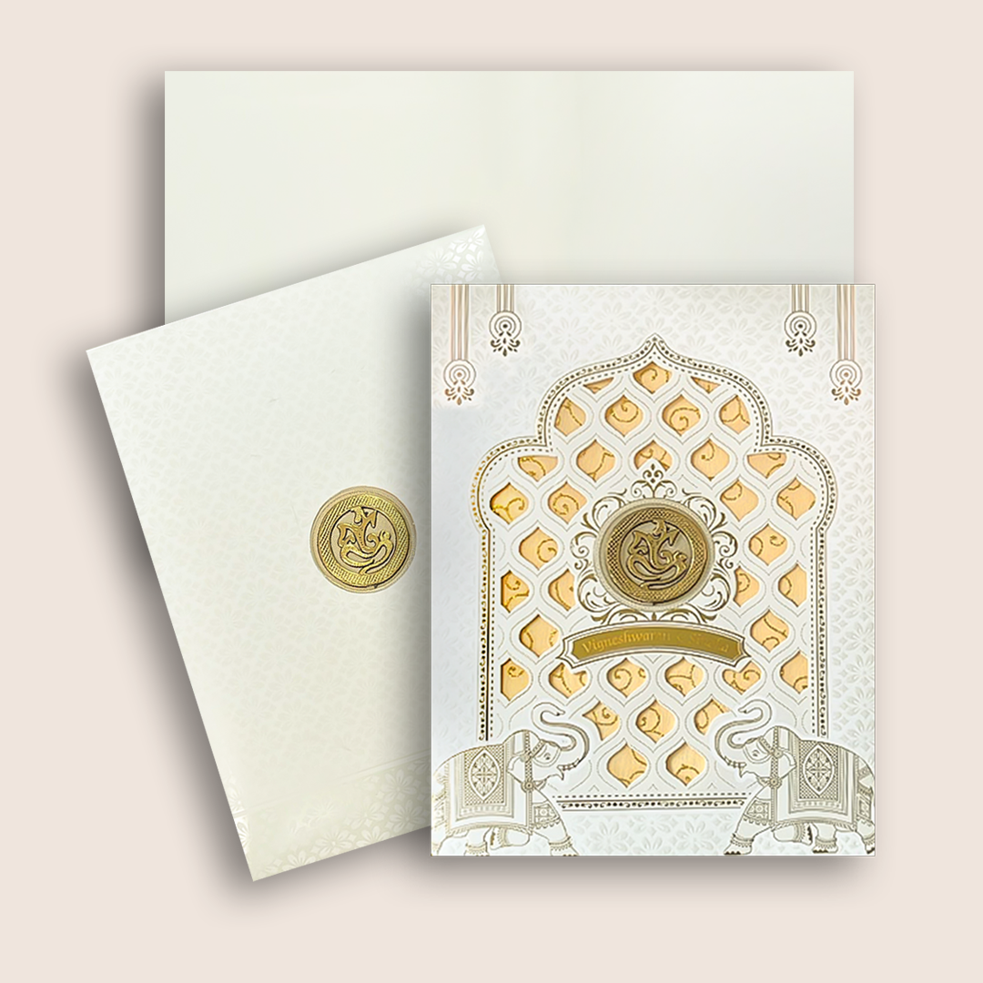White Embossed Elephant Laser Cut Wedding Card - KNK7082W