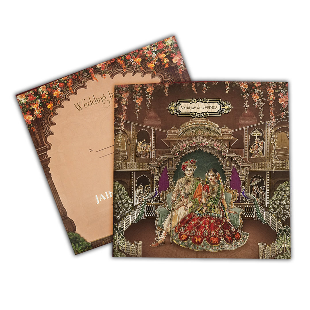 Brown Royal Couple Palace Padded Wedding Card-KSH72630