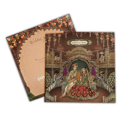 Brown Royal Couple Palace Padded Wedding Card-KSH72630