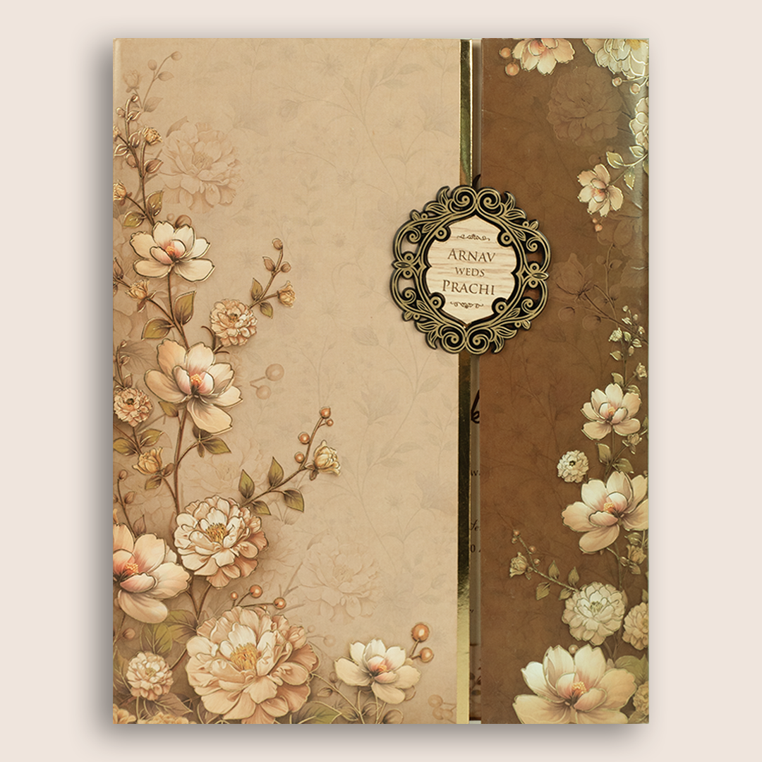 Pastel Brown Floral Door Style Padded Wedding  Card - KSH18900