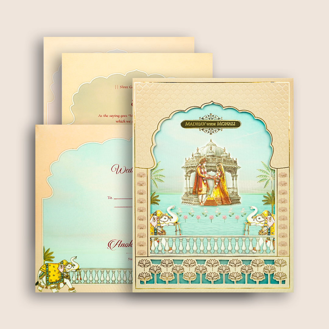 Peach Bride Groom Laser Cut Padded Marriage Card - KJTS3689