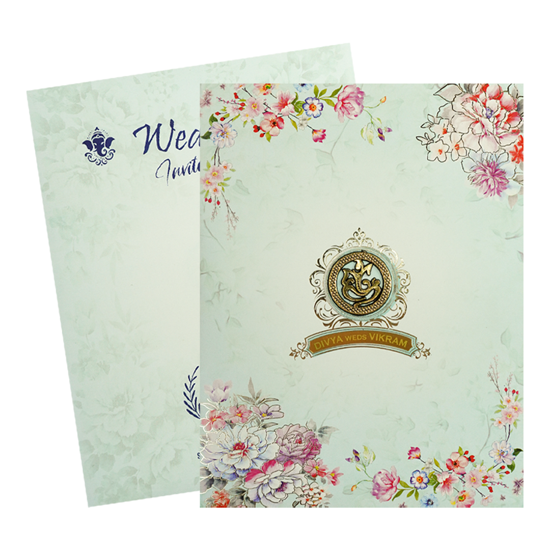 Mint Blue Floral Ganesha Wedding Card-KNKJ1089